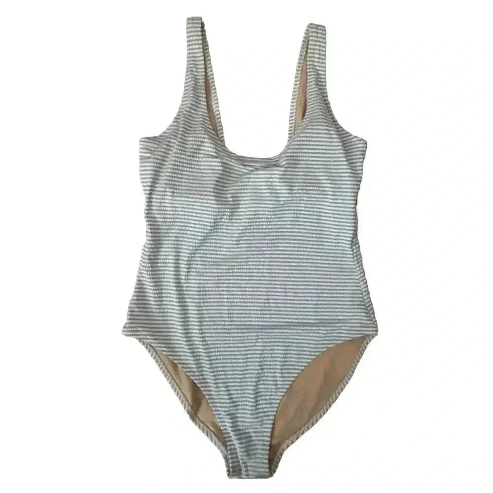 Women’s Blue And White Striped Seersucker One Piece Bathing Suit Size Medium